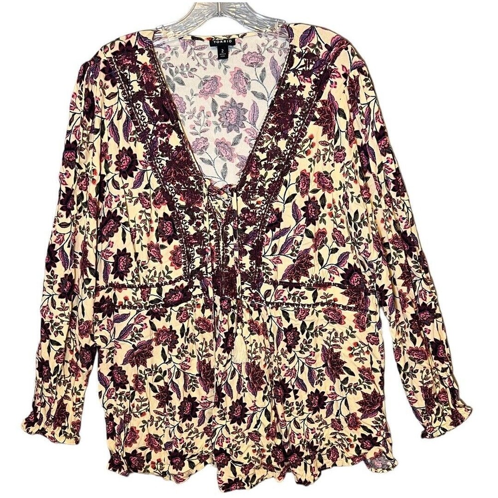 Torrid Babydoll Embroidered Lace-Up Top Purple Floral Plus Size‎ 2X